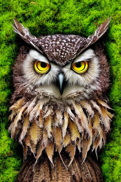 Image similar to an owl made of moss, symmetrical, highly detailed, digital art, sharp focus, amber eyes, ferns, trending on art station