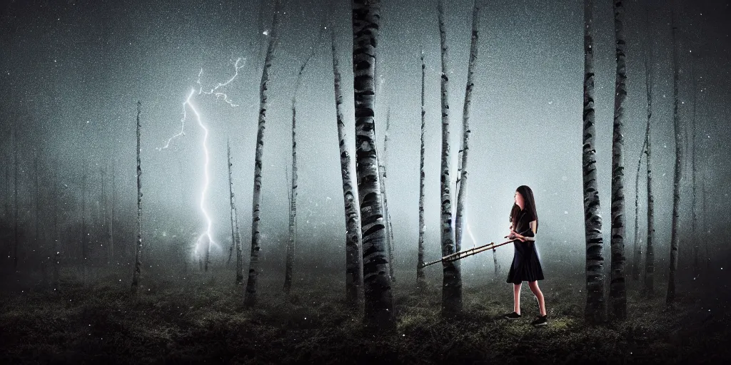 Prompt: young girl playing flute in the middle of a birch forest during a storm at night, lightning dragons race down toward her, low angle facing sky, cinematic, dramatic lighting, high contrast