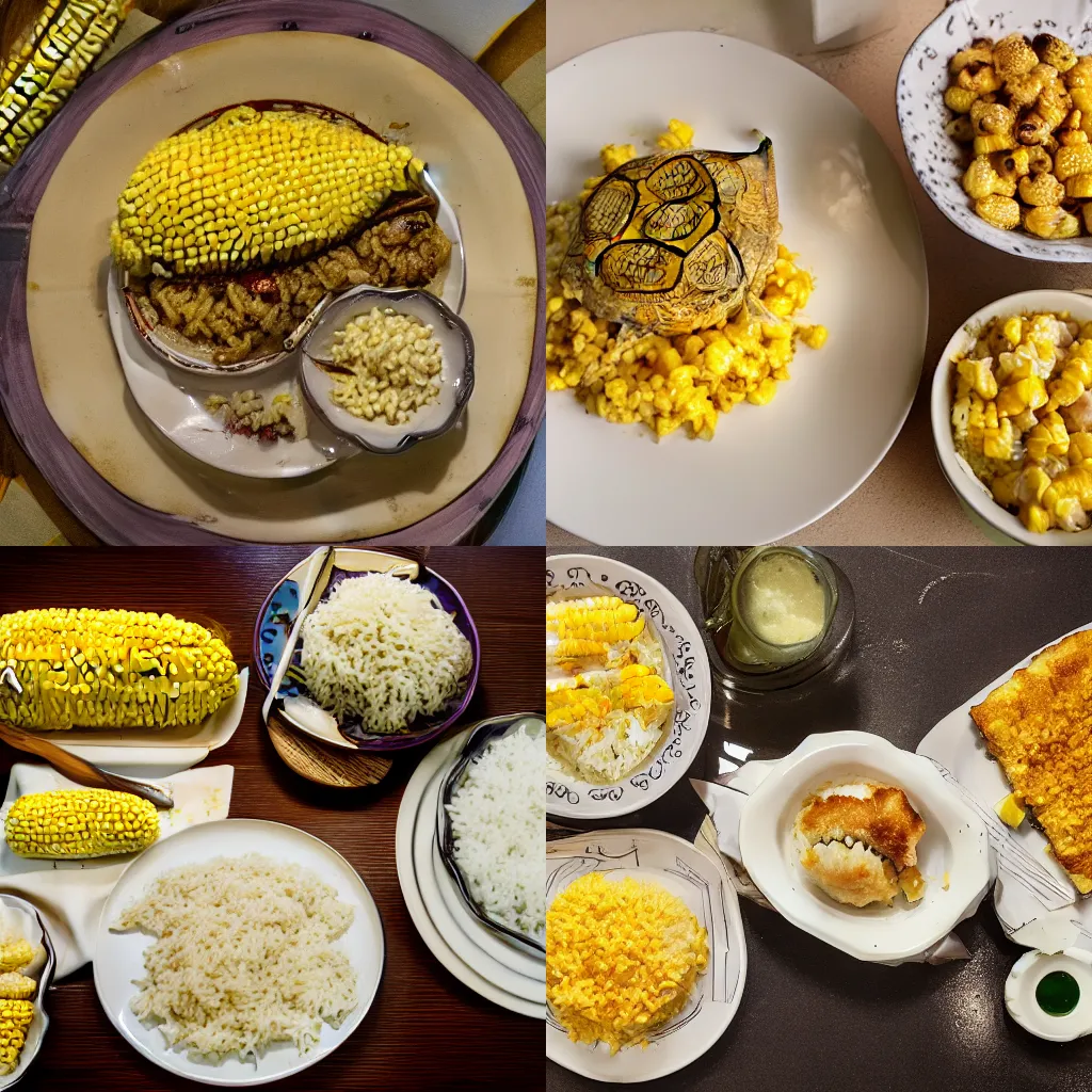 Prompt: a plate of white rice, steamed turtle, baked pie, corn, fried SpongeBob and snakes, food photography