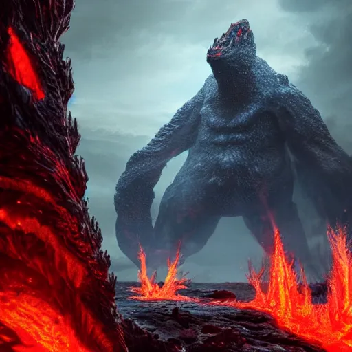 Image similar to big lava monster with a ice cane and it has big lava horns on its head, realistic, 8 k, extremely detailed, cgi, trending on artstation, hyper - realistic render, by greg rutkowski