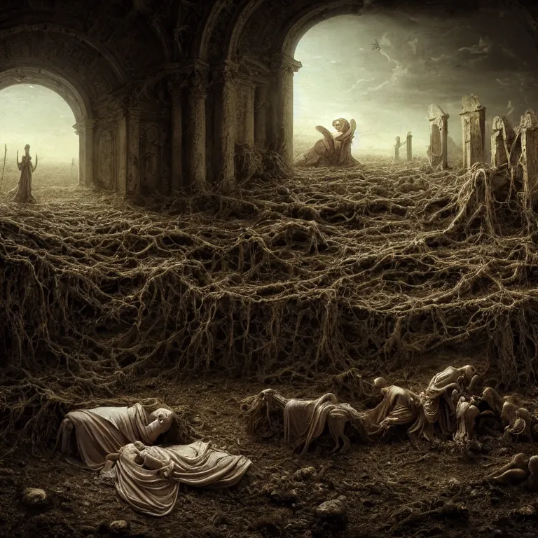 Prompt: ribbed abandoned Nativity of Jesus scene, baroque painting, standing in a desolate empty wasteland, creepy, nightmare, dream-like heavy atmosphere, surreal abandoned buildings, beautiful detailed intricate insanely detailed octane render trending on Artstation, 8K artistic photography, photorealistic, chiaroscuro, Raphael, Caravaggio, Beksinski, Giger