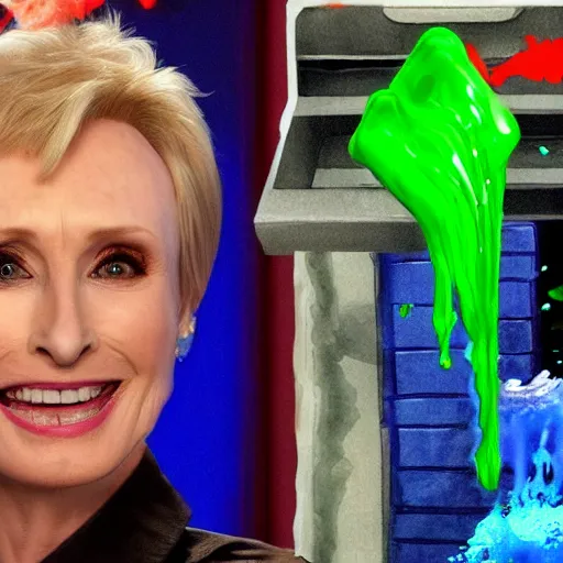 Image similar to john voight pranking jane lynch, green slime bucket, throwing slime at her, jane lunch is furious, steam coming out her ears, john voight is giddy, ps 2 graphics, water colour style