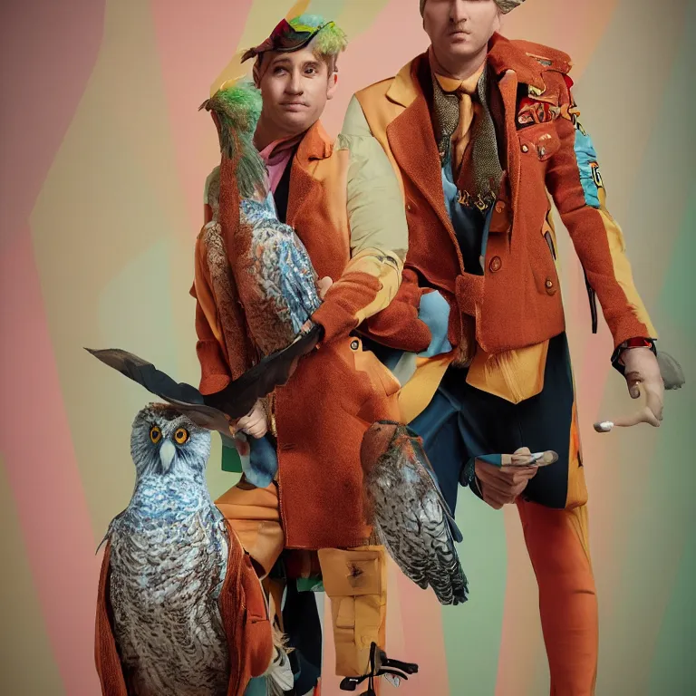 Prompt: high fashion photoshoot octane render portrait by wayne barlow and carlo crivelli and glenn fabry, an actor wearing a colorful wes anderson designed uniform and holding a snow owl inside a high - end exotic colorful pastel vintage boutique hotel lounge, very short depth of field, bokeh