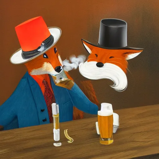 Image similar to a polygamous fox with a hat drinking beer and smoking e - cigarette, studio photo