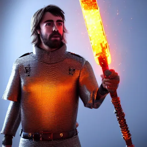 Prompt: Fernando Alonso wearing a chainmail tunic holding a glowing fire magical staff. Trending on Artstation, octane render, ultra detailed, art by Ross tran