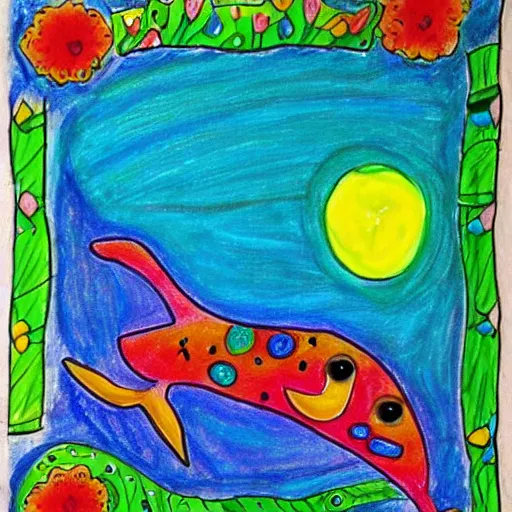 Image similar to child's crayon drawing of a dolphin in the style of mexican folk art