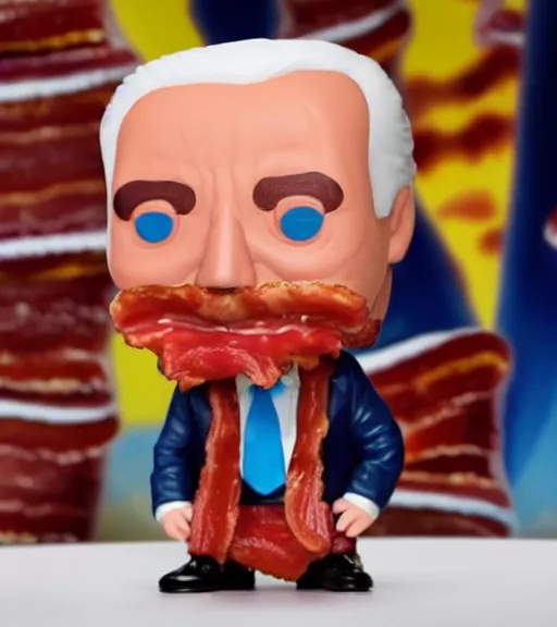 Image similar to funko pop character of joe biden in a bacon suit.