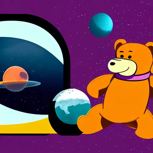 Image similar to cartoon animated illustration of a bear mascot being launched from a futuristic marble planet, purple and orange cloudland