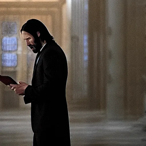 Image similar to cinematic still of John Wick reading the Bible in John Wick (2009). shallow depth of field, cinematic