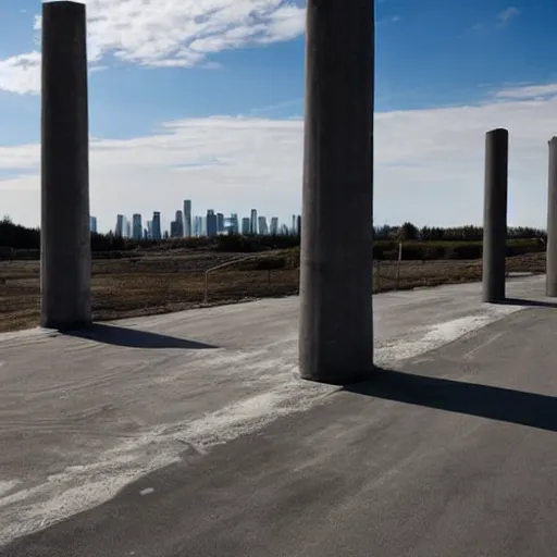 Image similar to a flate endless plane of concrete covered in concrete pillars that go on to the horizon, open sky, blue sky with clouds