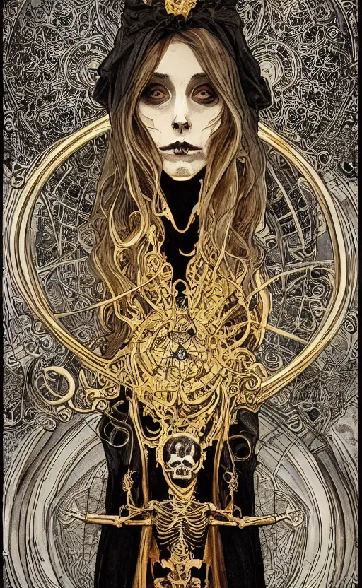 Image similar to a skeleton in a black cloak, highly detailed, very intricate, art nouveau, gold filigree, left right symmetry, tarot concept art watercolor illustration by mandy jurgens and alphonse mucha and alena aenami, featured on artstation