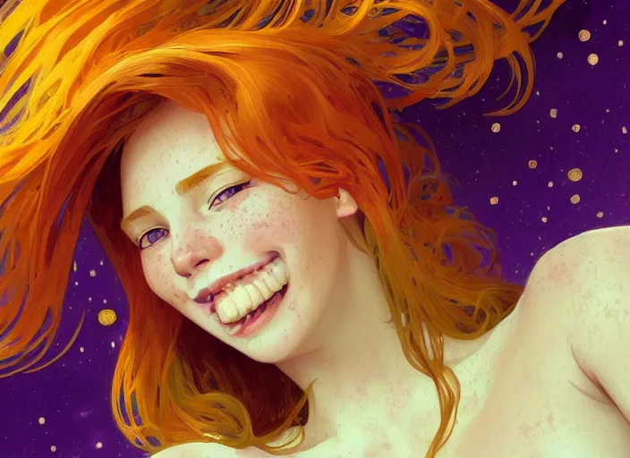 Prompt: portrait of a beautiful smiling girl with orange hair and freckles, green eyes, highly detailed, digital painting, concept art, smooth, sharp, focus, background is purple, trending on deviantart, alphonse mucha, WLOP