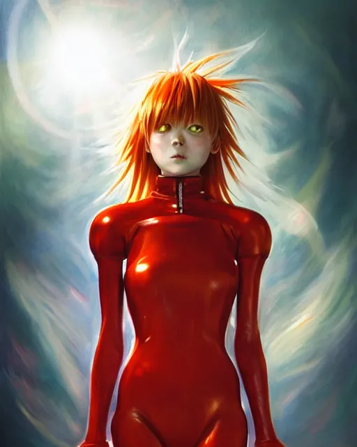 Image similar to asuka langley soryu wearing plugsuit, award winning photograph, radiant flares, realism, lens flare, intricate, various refining methods, micro macro autofocus, evil realm magic painting vibes, hyperrealistic painting by michael komarck - stephen gemmell