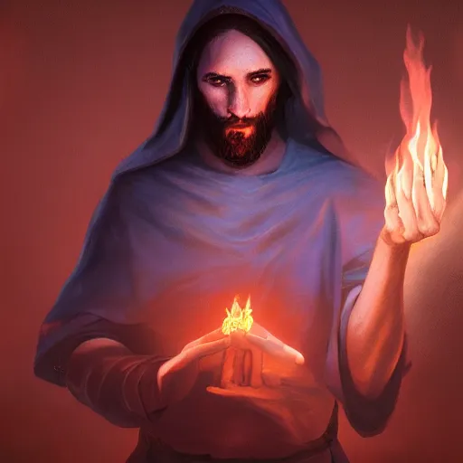 Prompt: A fantasy comic book style portrait painting ofJesus spell casting flames in a atmospheric dark fortress, unreal 5, magician, DAZ, hyperrealistic, octane render, RPG portrait, ambient light, dynamic lighting