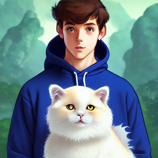 Image similar to teen boy with brown hair and big blue eyes, wearing a hoodie, holding a fluffy white persian cat, natural lighting, path traced, highly detailed, high quality, digital painting, by don bluth and ross tran and studio ghibli and alphonse mucha, artgerm