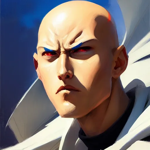 Image similar to Greg Manchess portrait painting of Saitama as Overwatch character, medium shot, asymmetrical, profile picture, Organic Painting, sunny day, Matte Painting, bold shapes, hard edges, street art, trending on artstation, by Huang Guangjian and Gil Elvgren and Sachin Teng