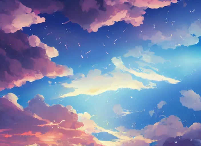 Image similar to illustration of clouds sky sunset | | anime key visual, official media, illustrated by wlop, extremely detailed, 8 k, trending on pixiv, cinematic lighting, beautiful