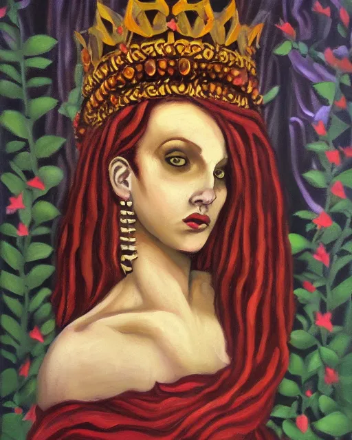 Image similar to Persephone, queen of the underworld, oil on canvas