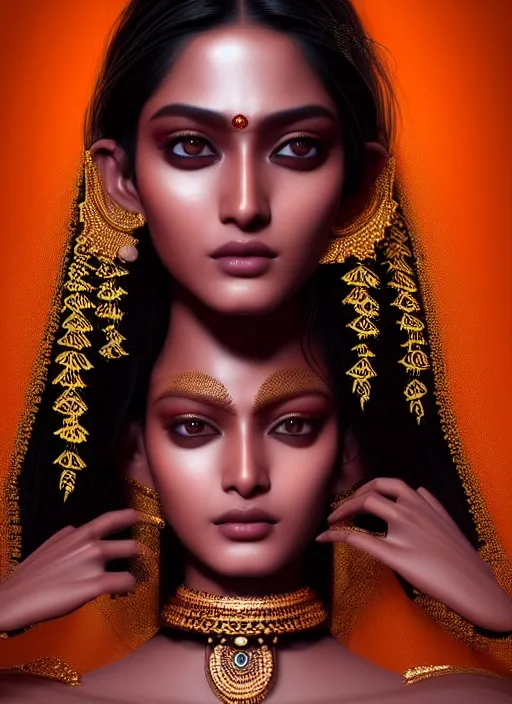 Image similar to portrait of indian model, intricate, ( ( robot features ) ), sharp focus, octane render, realistic, detailed, beautiful, unreal engine, symmetrical!!, maybelline, sephora, loreal, artstation, art by artgerm, rossdraws, art by karol bak, makeup by pat mcgrath, cinematic, concept art, filmic, vsco