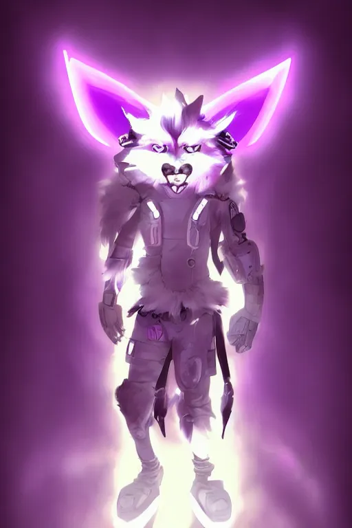 Image similar to a cyberpunk anthropomorphic wolf with a fluffy tail, comic art, trending on furaffinity, cartoon, kawaii, backlighting, furry art!!!, neon, concept art