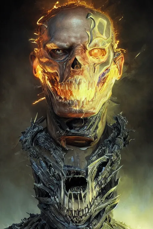 Prompt: Portrait of James Hetfield face transforming in Ghost Rider, marvel comics, dark, intricate, highly detailed, smooth, artstation, digital illustration by Ruan Jia and Mandy Jurgens and Artgerm and Wayne Barlowe and Greg Rutkowski and Zdislav Beksinski