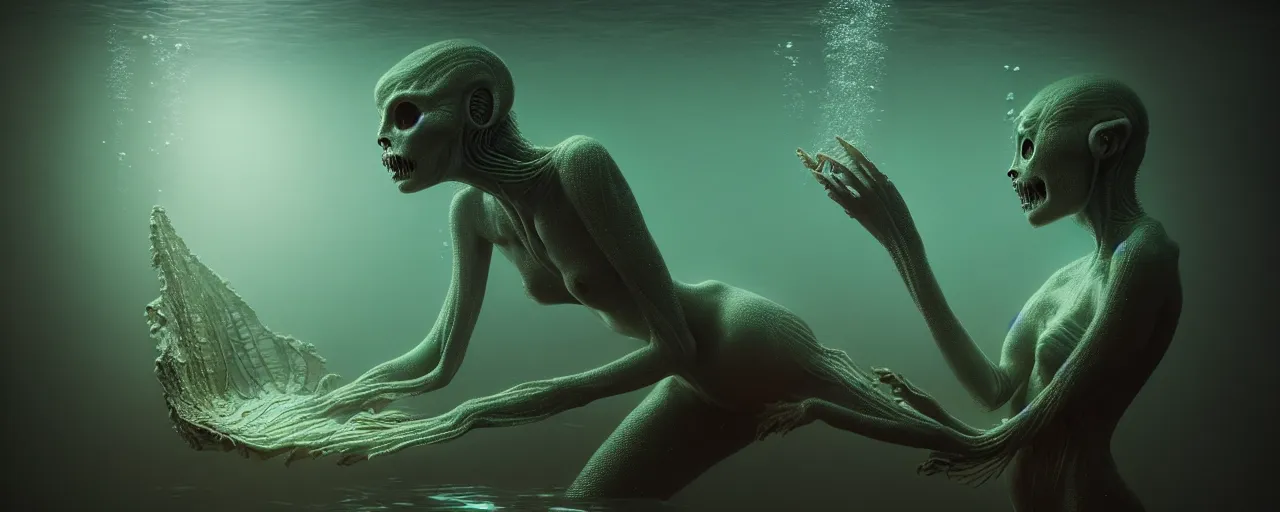 Prompt: ultra realistic horror photo of a dimly lit female alien creature underwater, very intricate details, focus, full frame image, curvy, model pose, artwork by tooth wu and wlop and beeple and greg rutkowski, award winning