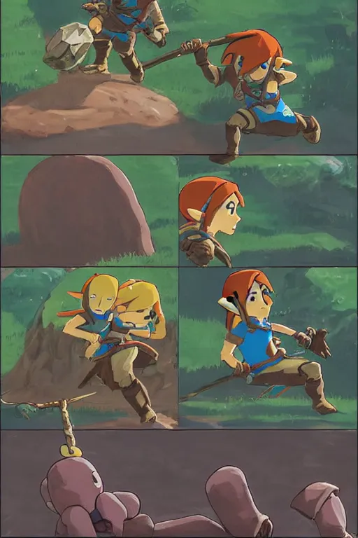 Image similar to in game footage of link attacking a diglett from the legend of zelda breath of the wild, breath of the wild art style.