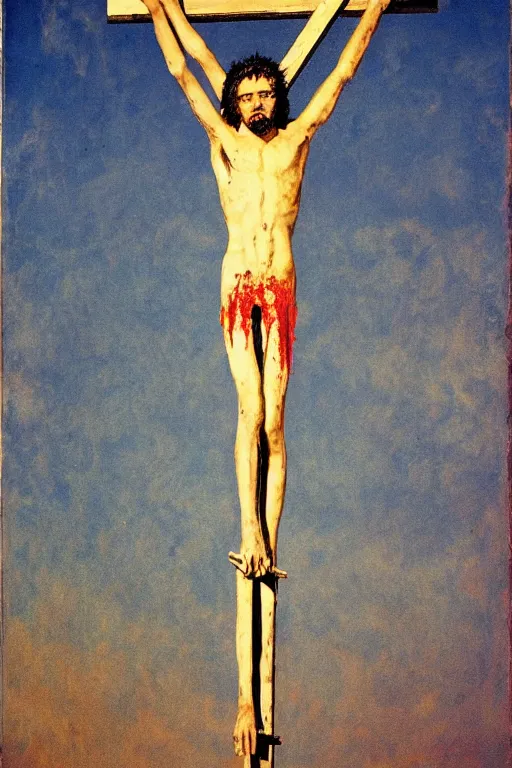 Image similar to bloody christ crucified and some bright ufo in the sky painted by cy twombly and andy warhol