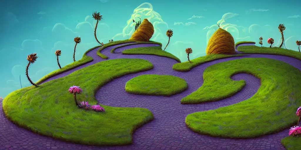 Image similar to dark tones, curled perspective digital art of spiral clouds cobblestone street with wildflowers top of a hill with spiral palmtrees by anton fadeev from nightmare before christmas. horton hears a who!