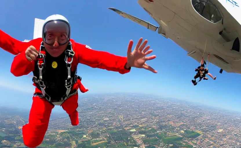 Image similar to close up on a skydiver flexing muscles. plane in the background 8 0'sstyle