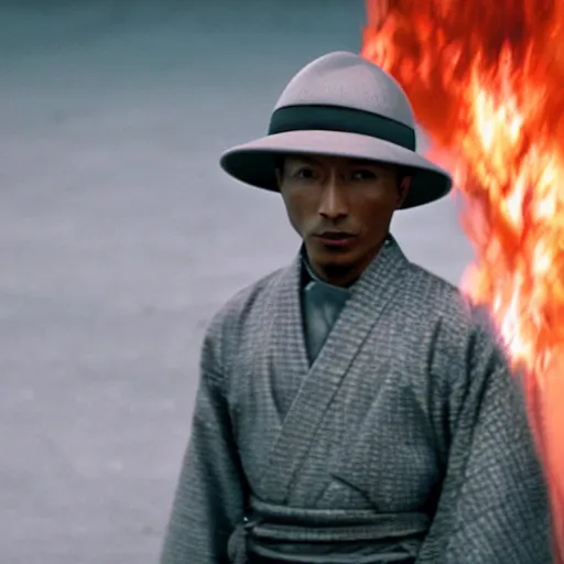 Image similar to cinematic film still Pharrell Williams starring as a Samurai holding fire, Japanese CGI, VFX, 2003, 40mm lens, shallow depth of field,film photography