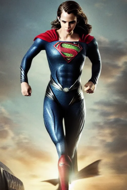 Image similar to a fancy close up of Man of Steel cast as Emma Watson by Greg Rutkowski, full body shot