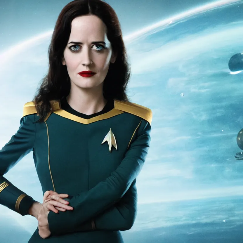 Image similar to a full body photograph of 3 0 year old eva green as a star fleet officer from star trek next generation, ultra rendered, extreme realism and detail, 8 k, highly detailed, realistic, completely framed, hyper realistic, colorful, direct lighting, 3 5 mm photo, photorealistic, sharp focus