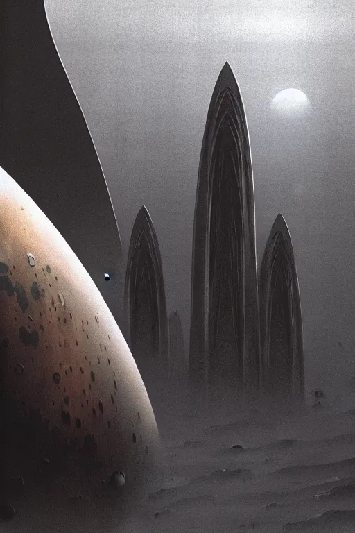 Image similar to emissary space by author haas and bruce pennington and john schoenherr on mars, cinematic matte painting, zaha hadid building, 8 k, dark moody monochrome color palate