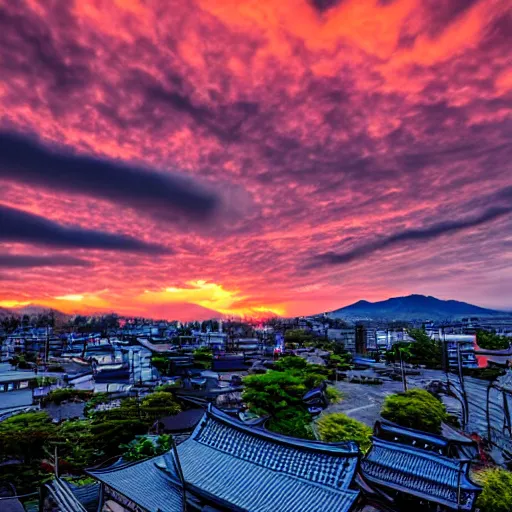 Prompt: japanese town on fire, sunset, 8k, high details, photorealistic, sharp