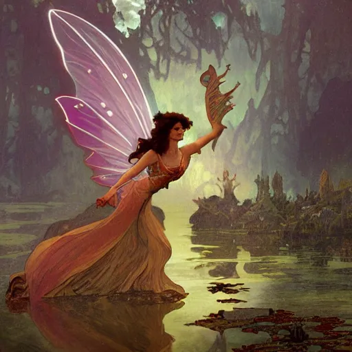 Prompt: Dark fantasy fairy flying over a lake, concept art, fantasy, award-winning art, 4k, sharp, dramatic lighting, cinematic, by Alphonse Mucha, James Gurney