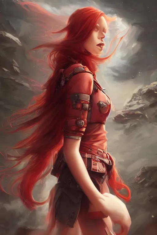Image similar to beautiful cute red haired joyful and playful 1 9 year old maiden standing up in casual clothing, long hair, rpg character, sci - fi, fantasy, intricate, elegant, digital painting, artstation, concept art, smooth, 8 k frostbite 3 engine, ultra detailed, art by artgerm and greg rutkowski and magali villeneuve