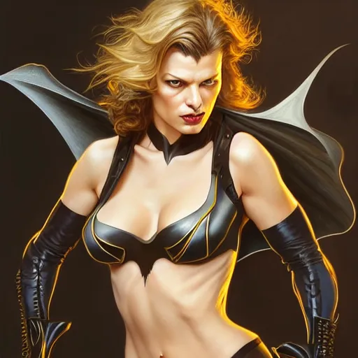 Image similar to Mila Jovovich with blonde hair as Bat Woman, western, D&D, fantasy, intricate, elegant, highly detailed, digital painting, artstation, concept art, matte, sharp focus, illustration, art by Artgerm and Greg Rutkowski and Alphonse Mucha