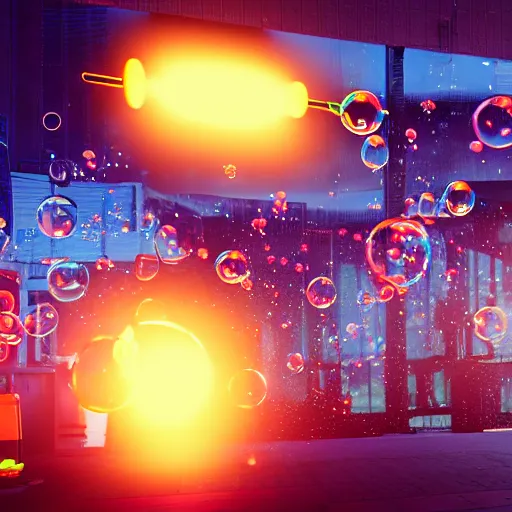 Image similar to Soap Bubbles floating in air filled neon gas, Unity VFX, Unreal Engine 5 showcase, 40nm, shallow depth of field, split lighting, 4k,