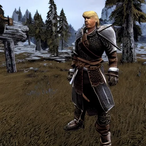 Prompt: video game screenshot of donald trump in skyrim