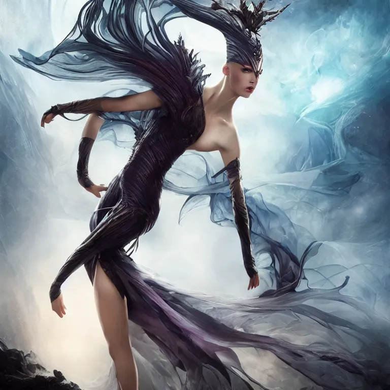 Image similar to beautiful cinematic fantasy poster, a beautiful fashion model wearing haute couture in dynamic full body dance pose, full body shot, ultrawide angle epic scale, hybrid from The Elden Ring and art direction by Darius Zawadzki ;by artgerm; wayne reynolds art station; cinematic quality character render; low angle; ultra high quality model; production quality cinema model;