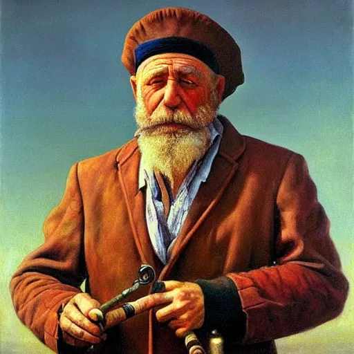 Image similar to painting of sailor hobo hyperrealism vasily vereshchagin holding a pipe