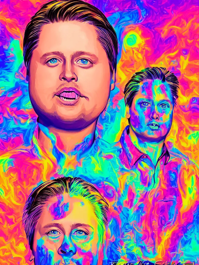 Image similar to realistic beautiful portrait of tim heidecker by Lisa Frank, synthwave funny style