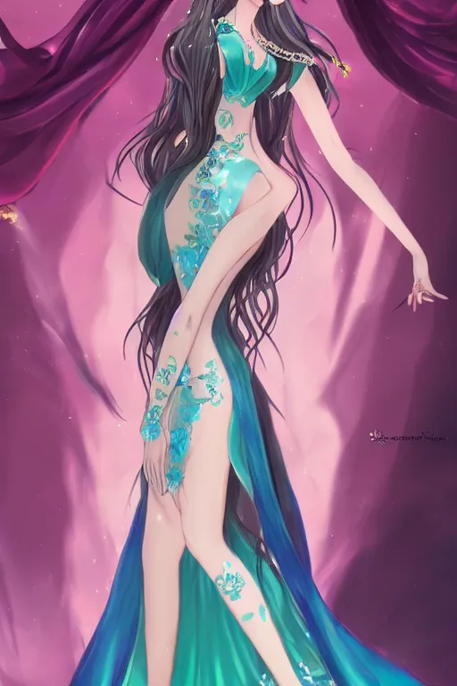 Image similar to Anime sad princess in full figure wearing an exotic evening gown and jade necklace, evening, detailed painting, WLOP, Artstation