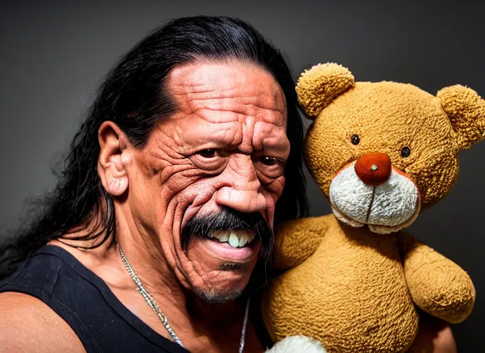Image similar to photo still of danny trejo at the county fair!!!!!!!! at age 5 6 years old 5 6 years of age!!!!!!!! holding a teddy bear he won, 8 k, 8 5 mm f 1. 8, studio lighting, rim light, right side key light