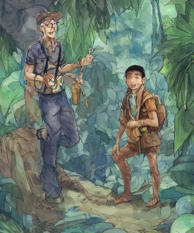 Prompt: color pen and ink and pencil sketch character concept design game asset of sketches watercolor of a boy scientist wearing a jungle explorer costume by Stanley Artgerm Lau, WLOP, Rossdraws, James Jean, Andrei Riabovitchev, Marc Simonetti, and Sakimichan, tranding on artstation , assets, character design, tending on pinterest, trending on cgtalk, trending on concept art, trending on character design