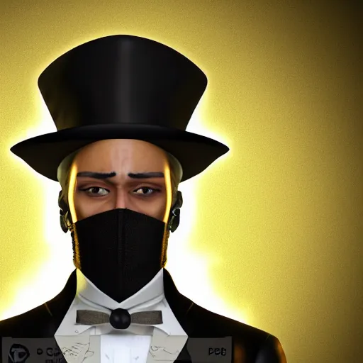 Image similar to a highly detailed portrait of a man in a high top hat covering his face, in a black tailcoat with a yellow waistcoat under the tailcoat, artstation, deviantart, professional, unreal engine 5, photorealistic