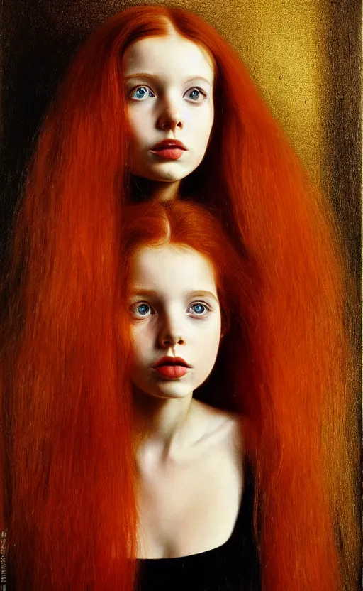 Image similar to portrait of a girl with long red hair, very beautiful style, the girl standing in a black room by the window, in a gold suit, photorealism, andrei tarkovsky maurilio manara,