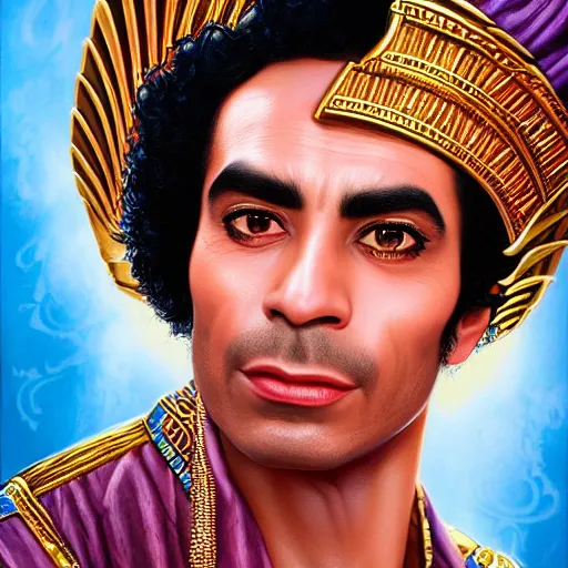 Image similar to a detailed fantasy character portrait of Mohamed Mounir as egyptian stage star by lauri blank, artgerm, evelyn de morgan, 8K, 50mm lens