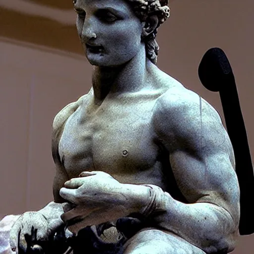 Prompt: A photo of Michelangelo's sculpture of David wearing headphones djing
